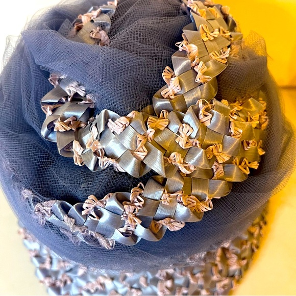 Union Made Vintage Women’s Blue Bucket Hat Rafia and Ribbon Mesh Netting - Picture 10 of 14